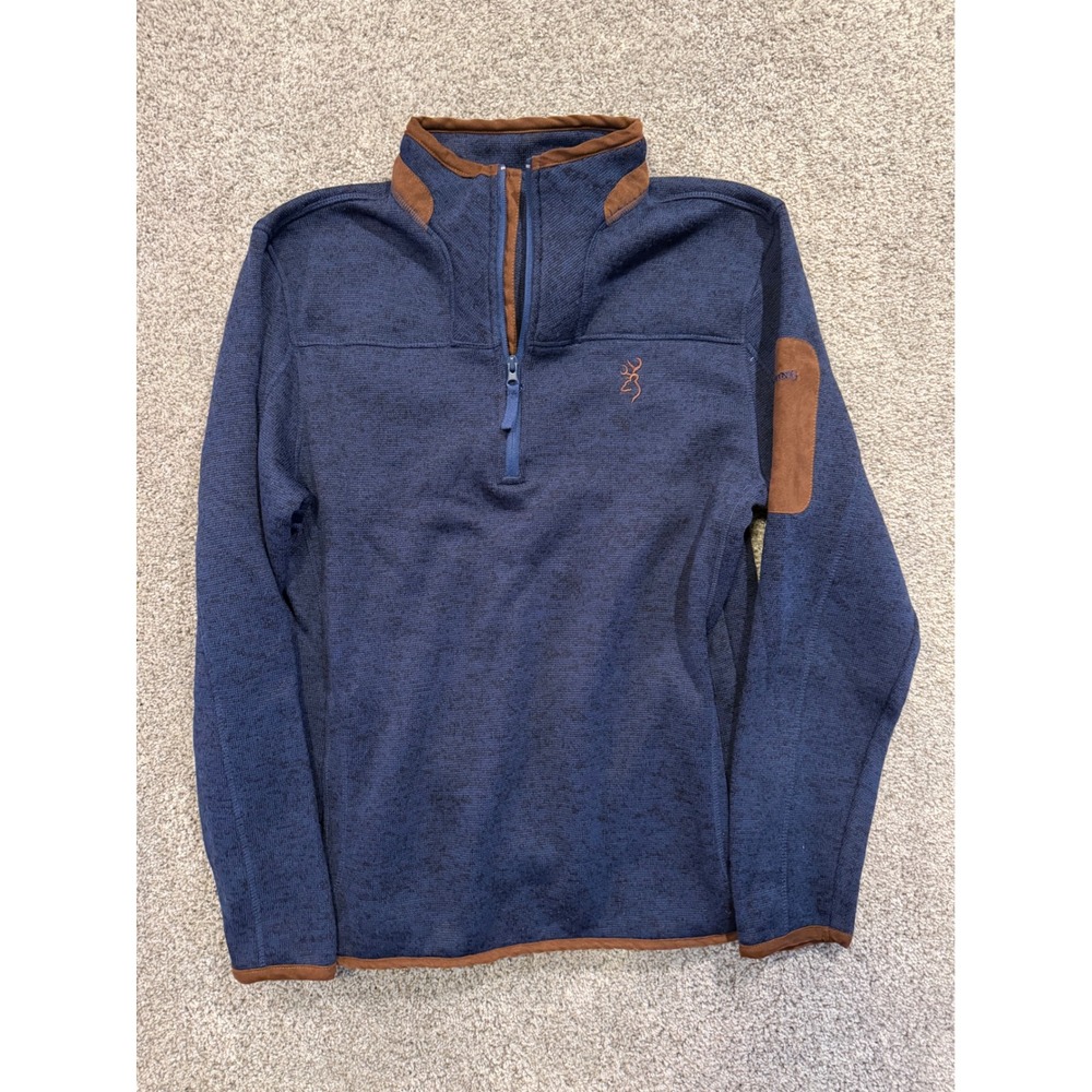 Browning Pullover Mens Medium Blue Quarter Zip Fleece Suede Trim Outdoor Sweater